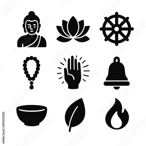 Buddhist symbol icons: buddha, lotus, dharma wheel, bell, fire