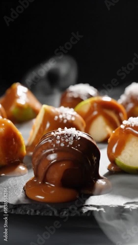 Decadent chocolate caramel apple slices sprinkled with sea salt served dramatically on dry ice for a gourmet dessert presentation