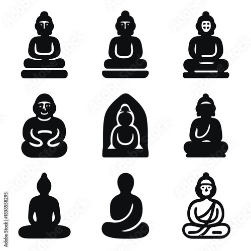 Minimalist icons of buddha silhouettes in symmetrical grid on gray background
