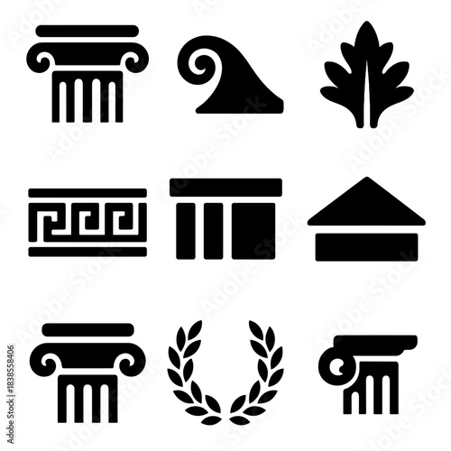 Classic greek and roman architectural icon set with columns and patterns