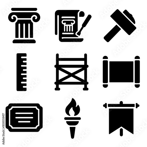 Monochrome classical design icons featuring architecture and ancient tools