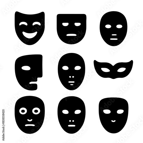 Nine black theater masks on gradient background