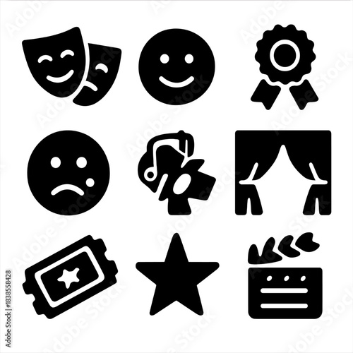 Theater and film icons set with masks, camera, and star design elements
