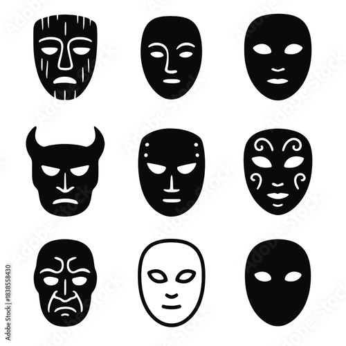 Collection of nine unique black masks with abstract expressions