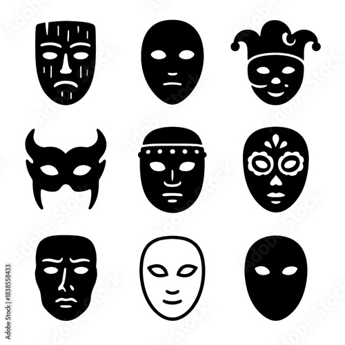 Diverse masks collection: silhouettes of carnival, comedy, and drama faces