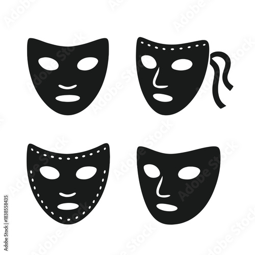 Four black masks on dark background with minimalistic design elements
