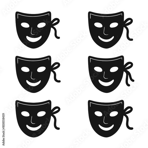 Six black theater masks on dark background - drama and performance concept