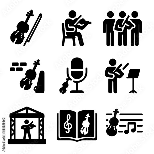 Violin icons set: musicians, sheet music, stages, and instruments