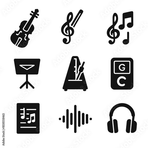 Music icons set featuring instruments, notes, and headphones on dark background