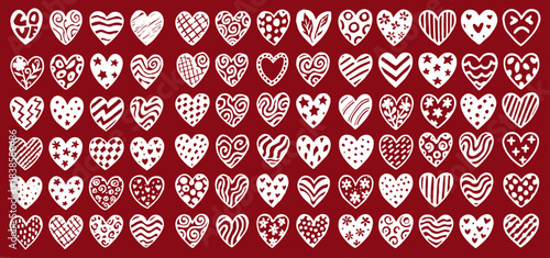 Red and white heart pattern with decorative floral silhouettes, doodle patterns