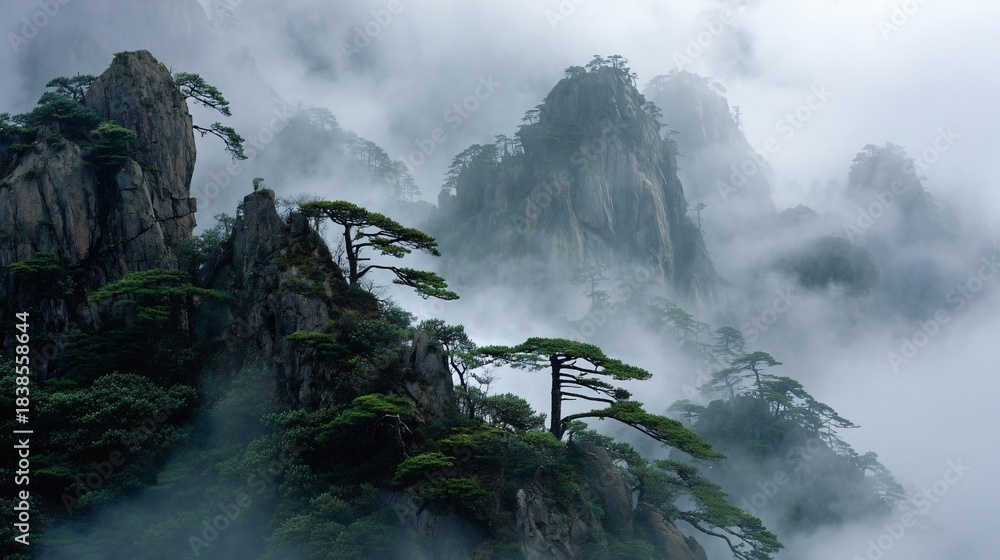Naklejka premium Misty mountain peaks with sparse trees and dense low-lying fog