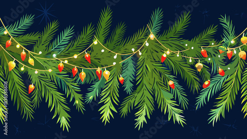 Very beautiful seamless vector border made of lush conifer branches intertwined with warm glowing garlands, perfect for wrapping designs, banners, invitations, and festive digital layouts.
