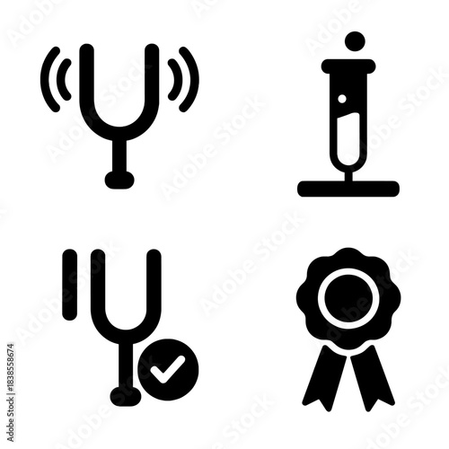 Medical and sound icons: tuning fork, test tube, award badge symbols