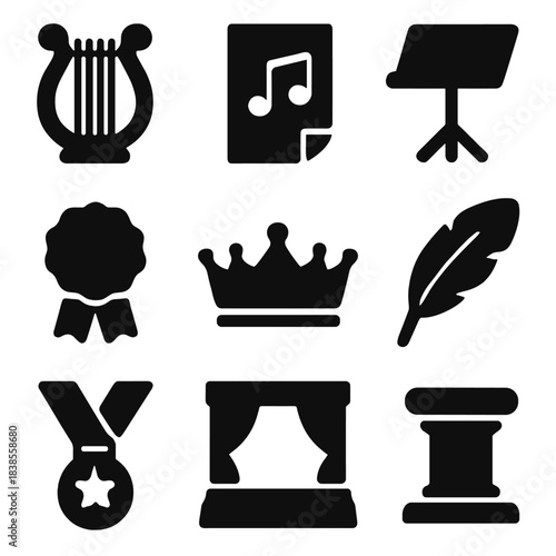 Musical symbols and icons set featuring instruments and awards