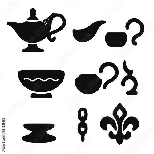 Mysterious silhouette of vintage teapot and decorative elements on gray background
