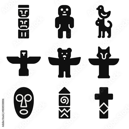 Abstract tribal symbols and totem animals on dark background