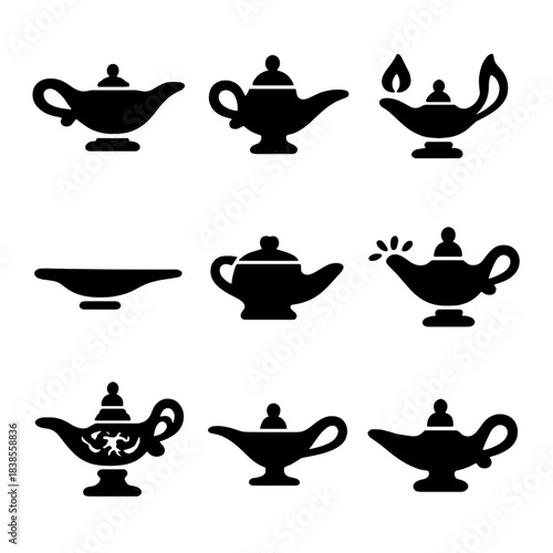 Collection of magical lamp silhouettes with mysterious shadowy background