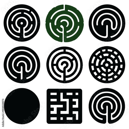 Collection of nine black mazes with a highlighted green maze in the center