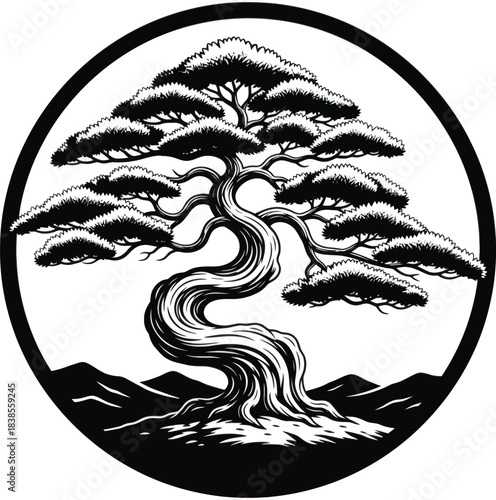 Bonsai tree circular emblem nature illustration