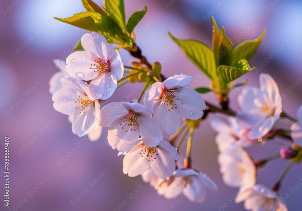Obraz premium Delicate pink cherry blossoms bloom on a branch in soft spring light