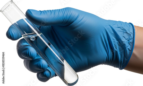 A person wearing a blue protective glove is holding a glass test tube containing a transparent sample. Isolated image.