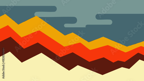 Abstract layered mountain range with a cloudy sky in a retro color palette.