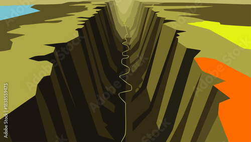 Abstract digital illustration of a deep canyon with a winding path leading down into the gorge.