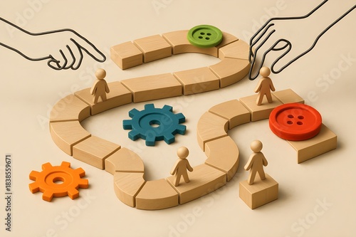 Conceptual Workflow Strategy with Wooden Path, Figures and Interactive Elements