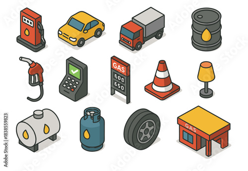Isometric icons of gas station elements with fuel pump, vehicles, and accessories
