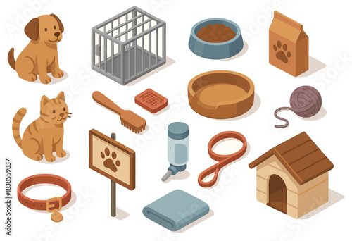 Isometric pet accessories arrangement with dog and cat essentials