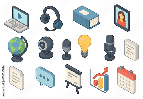 Isometric tech icons: laptop, headphones, book, virtual meeting, globe, camera, lightbulb, charts