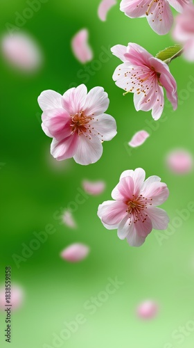 Pink cherry blossoms floating against a soft green background