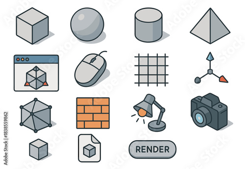 3d modeling icons: cube, sphere, cylinder, pyramid,  grid, camera, mouse, lamp