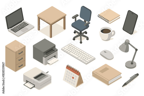 Isometric office essentials: technology, furniture, and stationery icons for workspace design
