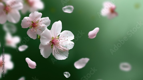 Delicate cherry blossoms with falling petals on a vibrant green background