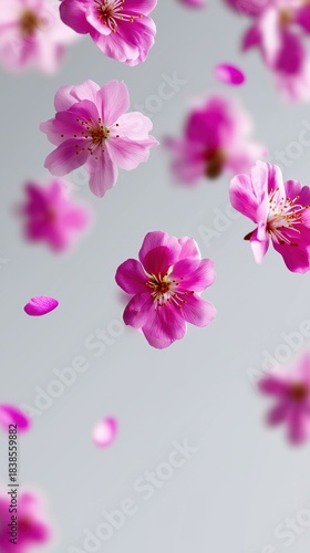 Vibrant pink flower blossoms gently floating on soft gray background