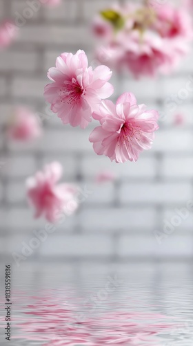 Pink cherry blossoms floating above reflective water surface