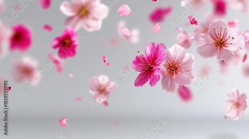 Floating pink cherry blossoms on gray background