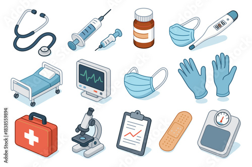 Assorted medical equipment and tools including mask, thermometer, syringe, and bandage