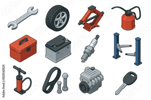 Isometric car maintenance tools and accessories collection