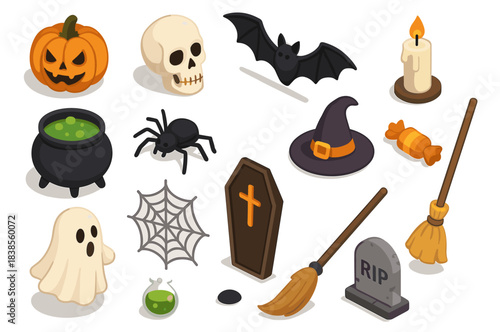 Halloween icons: pumpkin, skull, bat, spider, witch hat, and more