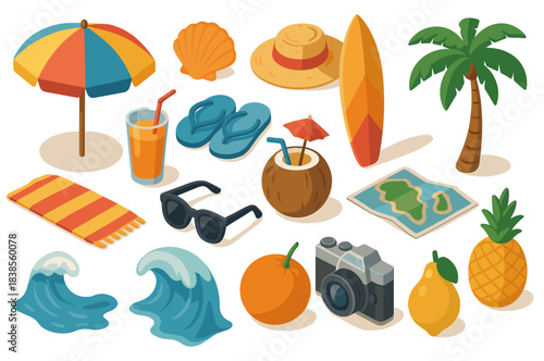 Colorful collection of summer beach essentials with tropical drink and surfboard