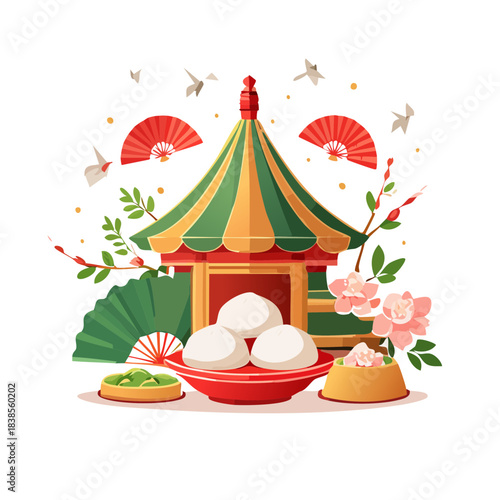 Asian Pagoda Food Illustration — festive vector scene with buns, desserts, fans, and florals