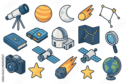 Space exploration icons: telescope, planets, satellites, stars, and more