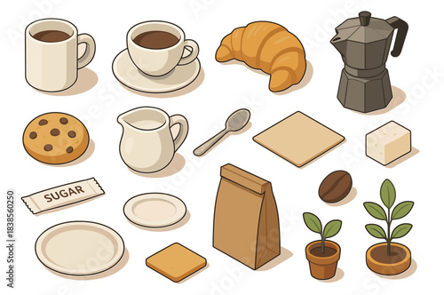 Illustrated breakfast items including coffee, croissant, and cookie on white background