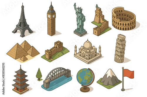 Iconic world landmarks: eiffel, big ben, statue of liberty, sydney bridge, great wall, colosseum