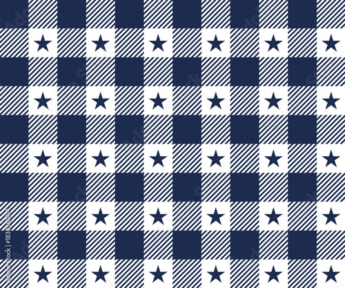 Navy blue white classic gingham pattern vector. Traditional plaid gingham texture cute blue stars background