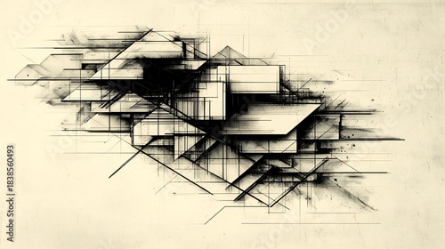 Fototapeta Naklejka Na Ścianę i Meble -  3d Abstract Structure Composed of Sharp Geometric Lines and Modern Skyline Pattern Growing From Sketch Layers Over Original Textured Paper Background