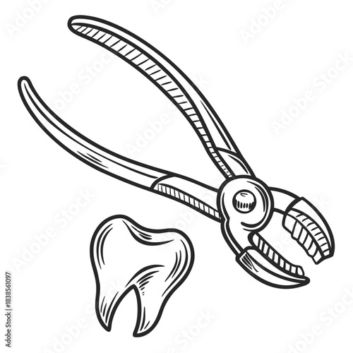 Striking black and white drawing of professional dental forceps ready for tooth extraction procedure in a clinic