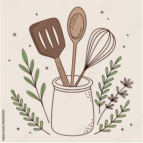 Charming rustic kitchen utensils in a jar surrounded by delicate botanical elements create a cozy cooking vibe